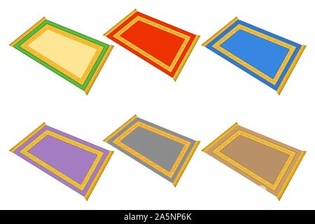 Illustration on theme big colored set different types of prayer rugs, mats retro style. Mat pattern consisting of collection accessory beautiful rug t Stock Vector