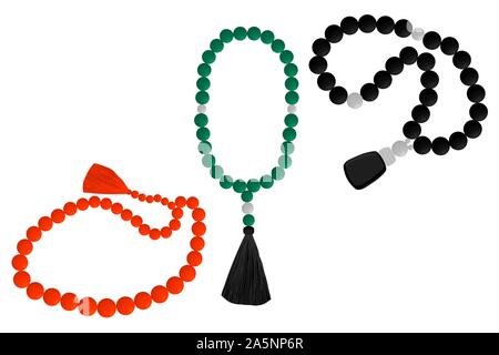 Illustration on theme big colored set different types of beads for rosary with tassel. Bead pattern consisting of collection accessory beautiful rosar Stock Vector