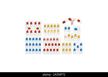 Illustration on theme big colored set different types of pills inside close blister. Pill pattern consisting of collection blisters with quality contr Stock Vector