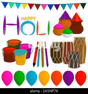 Illustration on theme big set different types colorful balloons, powder for Holi. Balloon pattern consisting of collection accessory powder to holi fe Stock Vector