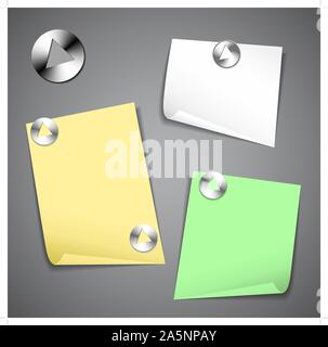 Sticky papers isolated on dark background with pushpins Stock Vector