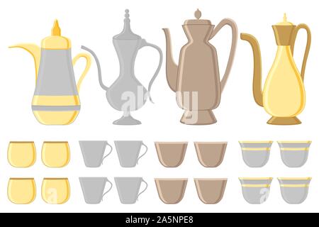 Illustration on theme big colored set different types jugs, kettles retro style. Jug pattern consisting of collection accessory beautiful kettle to be Stock Vector