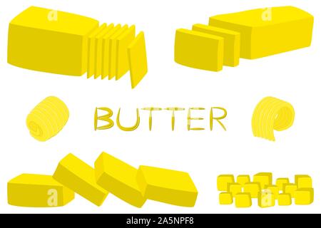 Illustration on theme big colored set different types creamy butter, dairy oil various size. Creamy butter pattern consisting of collection accessory Stock Vector