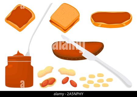 Illustration on theme big colored set different types peanut butter, bread various size. Peanut butter pattern consisting of collection accessory beau Stock Vector