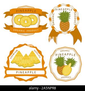 Illustration on theme big set different types yellow tropical pineapple, green stem various size. Pineapple pattern consisting of collection tropical Stock Vector