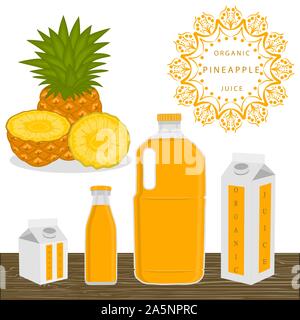 Illustration on theme big set different types yellow tropical pineapple, green stem various size. Pineapple pattern consisting of collection tropical Stock Vector