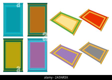 Illustration on theme big colored set different types of prayer rugs, mats retro style. Mat pattern consisting of collection accessory beautiful rug t Stock Vector