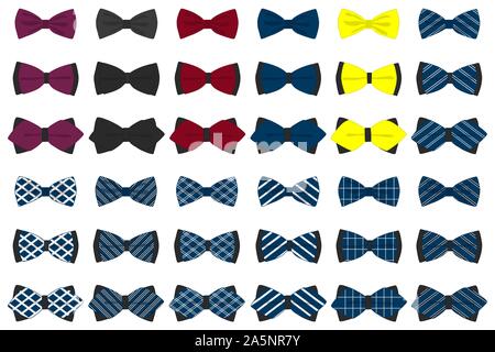 Illustration on theme big colored set ribbon different types, bow tie various size. Ribbon pattern consisting of collection textile garments bow tie f Stock Vector