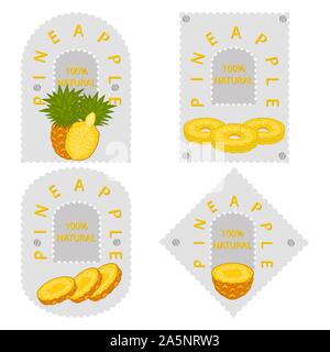 Illustration on theme big set different types yellow tropical pineapple, green stem various size. Pineapple pattern consisting of collection tropical Stock Vector