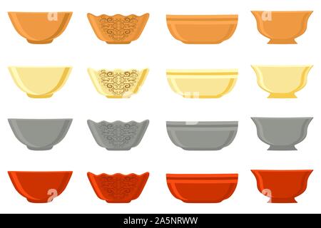 Illustration on theme big colored set different types bowl, empty plates various size. Bowl pattern consisting of collection empty plate for organic h Stock Vector