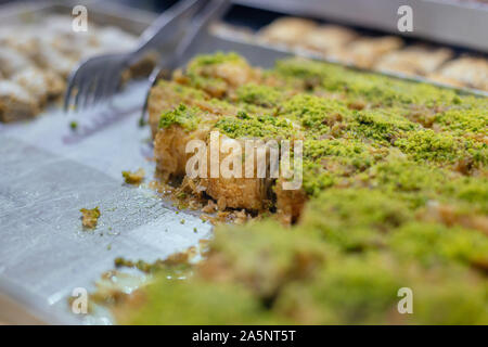 Pistachio Turkish Baklavas in a shop on a tray Stock Photo