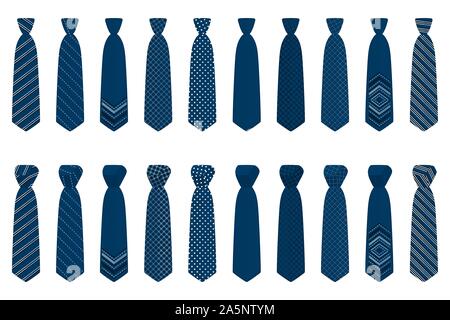 Illustration on theme big set ties different types, neckties various size. Tie pattern consisting of collection textile garments necktie for celebrati Stock Vector
