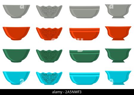 Illustration on theme big colored set different types bowl, empty plates various size. Bowl pattern consisting of collection empty plate for organic h Stock Vector