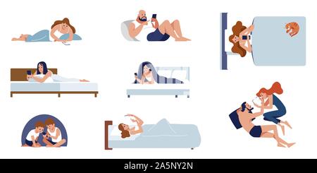 A collection of cute people lying on the bed talking on the phone. Lots of men and women chatting on social networks. Colorful flat cartoon style Stock Vector