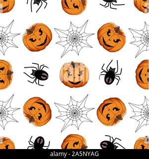 Illustration on theme big colored pattern Halloween, seamless orange pumpkin. Seamless pattern consisting of collection pumpkin, accessory at Hallowee Stock Vector