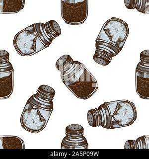 Seamless pattern with hand drawn colored pepper shaker, salt shaker stock illustration Stock Vector