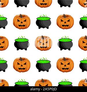 Illustration on theme big colored pattern Halloween, seamless orange pumpkin. Seamless pattern consisting of collection pumpkin, accessory at Hallowee Stock Vector