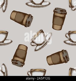 Seamless pattern with hand drawn colored coffee cups, paper cup stock illustration Stock Vector