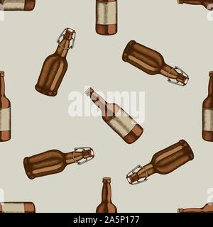 Seamless pattern with hand drawn colored bottles of beer stock illustration Stock Vector