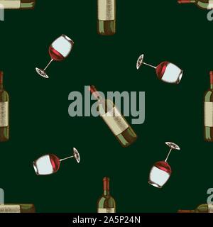 Seamless pattern with hand drawn colored bottle of wine, glass of wine stock illustration Stock Vector