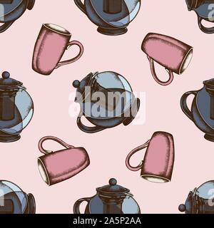 Seamless pattern with hand drawn colored teapots, cups stock illustration Stock Vector