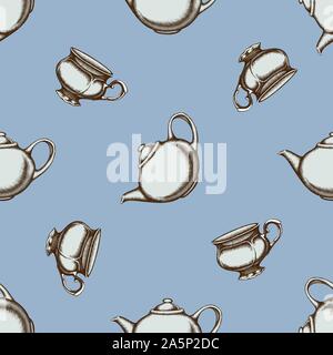 Seamless pattern with hand drawn colored teapots, cups stock illustration Stock Vector