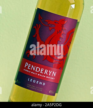 Detail of label. Bottle of Penderyn Single Malt Welsh Whisky. Legend. Non chill filtered no colour added. 70cl. 41% vol.