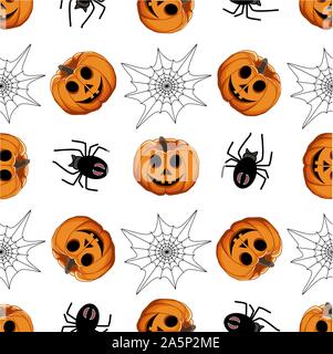 Illustration on theme big colored pattern Halloween, seamless orange pumpkin. Seamless pattern consisting of collection pumpkin, accessory at Hallowee Stock Vector