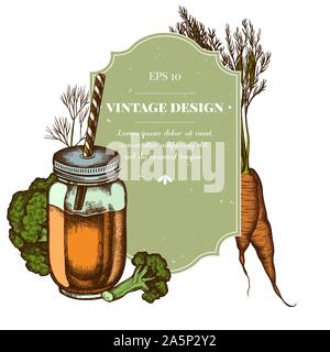 Badge design with colored broccoli, greenery, carrot, smothie jars stock illustration Stock Vector