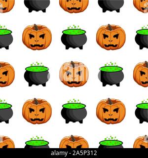 Illustration on theme big colored pattern Halloween, seamless orange pumpkin. Seamless pattern consisting of collection pumpkin, accessory at Hallowee Stock Vector