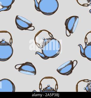 Seamless pattern with hand drawn colored teapots, cups stock illustration Stock Vector