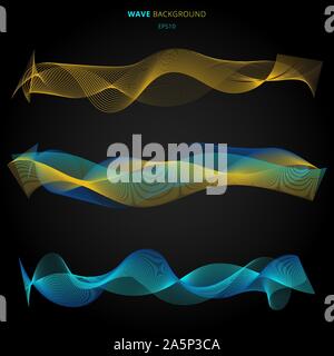 Abstract blue and yellow smooth waves lines elements on black background. Vector illustration Stock Vector