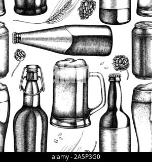 Seamless pattern with black and white rye, hop, mug of beer, bottles of beer, aluminum can stock illustration Stock Vector