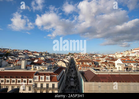 Aerial perspective view of central famous street rua augusta on lisbon city atmosphere, people tourist crowd