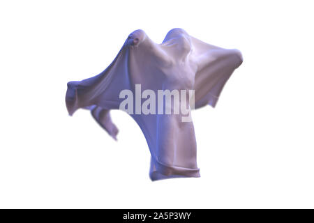 Flying White Ghost boy figure covered with a blanket sheet on White Background. Halloween 3d illustration Stock Photo