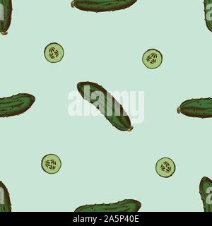 Seamless pattern with hand drawn colored cucumber stock illustration Stock Vector