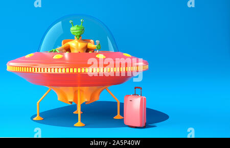 Illustration of UFO with green alien on blue background. 3D illustration Stock Photo