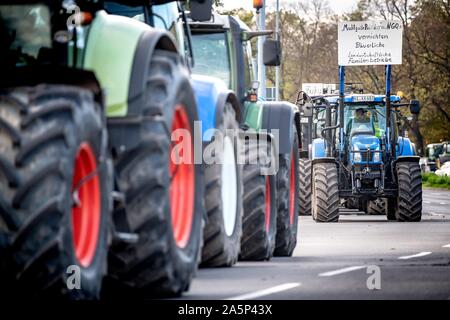 Hanover, Germany. 22nd Oct, 2019. Tractors drive through downtown. The rally is part of a nationwide campaign by the farmers' initiative 'Land schafft Verbindung', which has been joined by tens of thousands of farmers in a very short space of time. They are protesting against the federal government's agricultural policy. Credit: Sina Schuldt/dpa/Alamy Live News Stock Photo