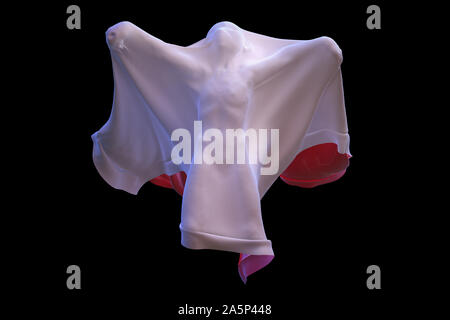 Flying White Ghost boy figure covered with a blanket sheet on black Background. Halloween 3d illustration Stock Photo