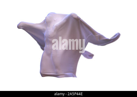 Flying White Ghost boy figure covered with a blanket sheet on White Background. Halloween 3d illustration Stock Photo