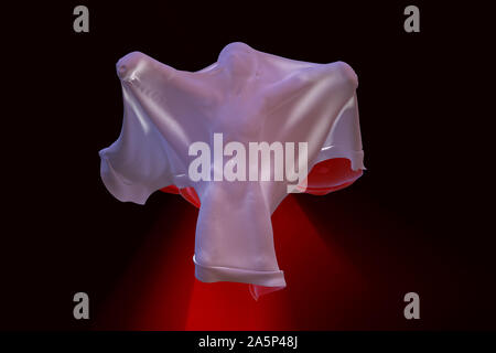 Flying White Ghost boy figure covered with a blanket sheet on Black Background. Halloween 3d illustration Stock Photo