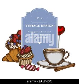 Badge design with colored cinnamon, lollipop, candies, croissants and bread, coffee cups, cupcake, cake stock illustration Stock Vector