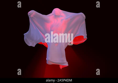 Flying White Ghost boy figure covered with a blanket sheet on Black Background. Halloween 3d illustration Stock Photo