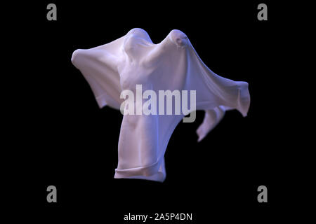 Flying White Ghost boy figure covered with a blanket sheet on black Background. Halloween 3d illustration Stock Photo