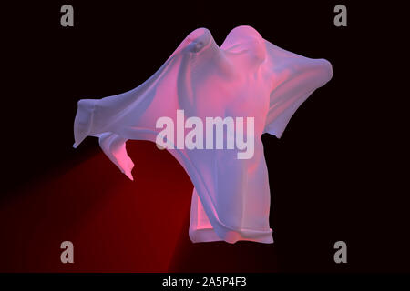 Flying White Ghost boy figure covered with a blanket sheet on Black Background. Halloween 3d illustration Stock Photo