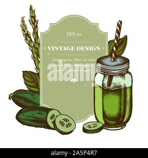 Badge design with colored green beans, basil, smothie jars, cucumber stock illustration Stock Vector