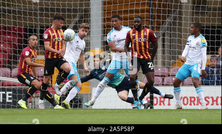 Bradford, UK. 19 October 2019 Bradford's Aramide Oteh shoots during the Sky Bet League Two match between Bradford City and Crawley Town  at The Utilita Energy Stadium in Bradford. Credit: Telephoto Images / Alamy Live News Stock Photo