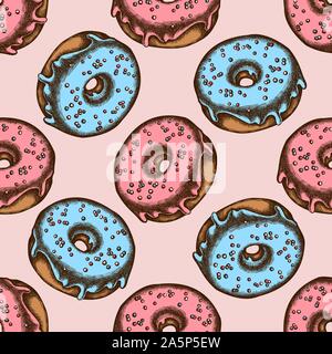 Seamless pattern with hand drawn colored donut stock illustration Stock Vector