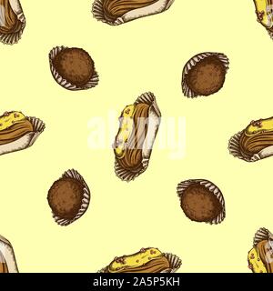 Seamless pattern with hand drawn colored eclair, truffle stock illustration Stock Vector