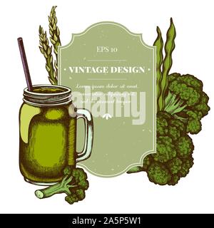 Badge design with colored broccoli, green beans, smothie jars stock illustration Stock Vector